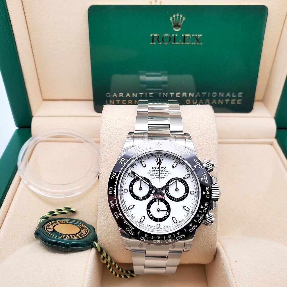 Unworn Rolex Daytona 40mm White Panda Index Dial Steel Watch 116500LN Box Papers