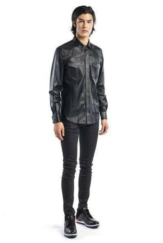 Men's Genuine Lamb Leather Shirt Motorbike Motorcycle Style Fashion Full Sleeve
