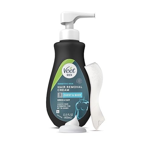 Veet Hair Removal Cream For Men, 5 Min Sensitive Skin, Hair Removal Gel For Body, Chest & Back, Dermatologically Tested, 13.5 FL OZ w/ Spatula