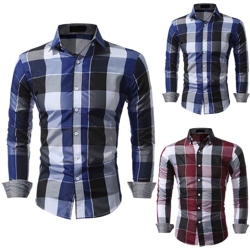 Men's Fashion Long Sleeve Plaid Button Down Shirts Casual Dress Shirt