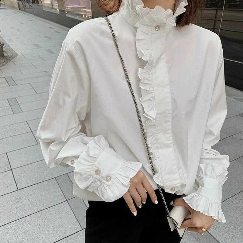 Womens British Style Ruffles Stand Collar Shirts Retro Long Sleeves Blouse Tops