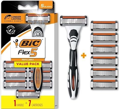 BIC Flex 5 Refillable Razors for Men, Long-Lasting 5 Blade Razors for a Smooth and Comfortable Shave, 1 Handle and 7 Cartridges, 8 Piece Shaving Kit