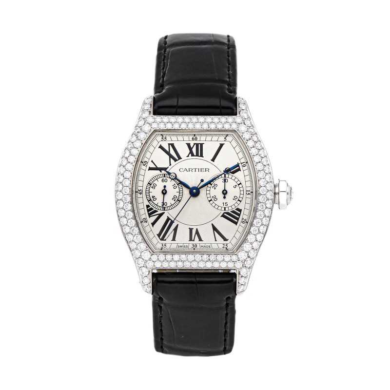 Cartier Tortue Monopoussoir Manual White Gold Diamond Mens Strap Watch WA506351
