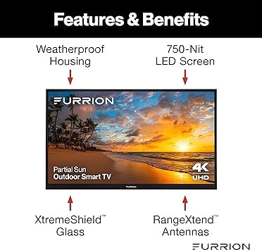 Furrion Aurora 50-Inch Partial-Sun 4K Outdoor Smart TV - Weatherproof Television w HDR10, Anti-Glare, 750-Nit LED Screen, Impact-Resistant Screen, External Antenna for Partially Sunny Outdoor Areas