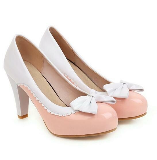 Women Girls Round Toe Cute Bows Mary Jane Block High Heels Pump Shoes Plus Size