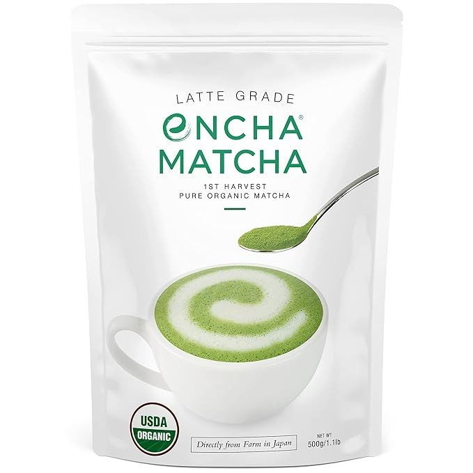 Encha Latte Grade Matcha Powder - First Harvest Organic Unsweetened Matcha Green Tea Powder, From Uji, Japan (500g / 1lb) Premium Powder for matcha latte, matcha smoothie | Caffeine, L-Theanine