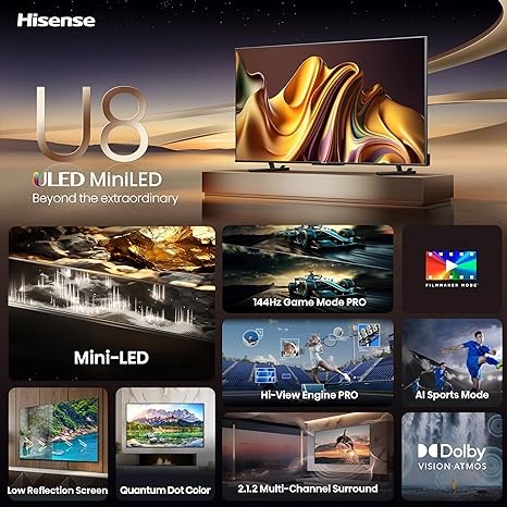 Hisense 55-Inch Class U8 Series Mini-LED ULED 4K UHD Google Smart TV (55U8N, 2024 Model) - QLED, Native 144Hz, Full Array Local Dimming, Game Mode Pro, Alexa Compatibility