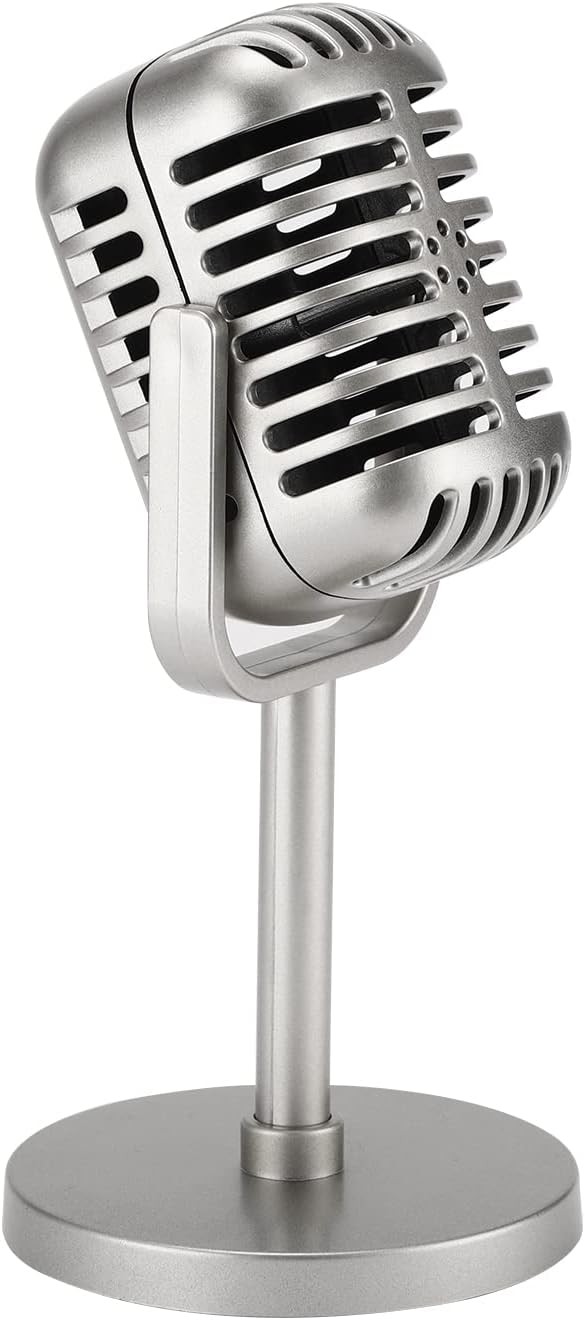 Facmogu Classic Retro Style Microphone Prop, Fake Vintage Microphone Prop Model with Stand, Silver Antique Microphone Decor Microphone Costume Prop for Party Decorations - Silver