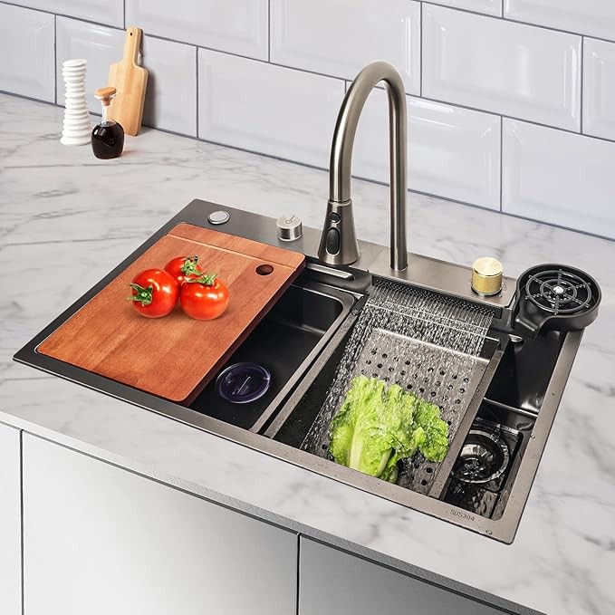 Kitchen Sinks Waterfall Kitchen Sink Set 304 Stainless Steel Nano Sink Home Sink Vegetable Basin with Pull-Out Faucet,Add Pressurized Sink Glass Rinser