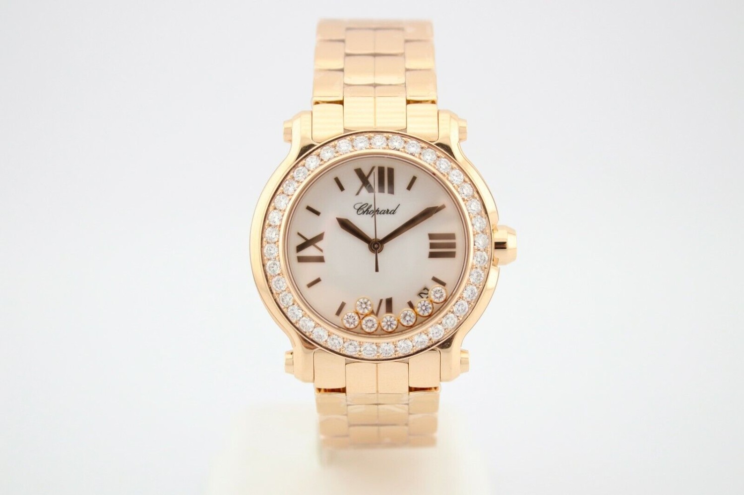 CHOPARD HAPPY SPORT ROUND 18K ROSE GOLD DIAMOND ENCRUSTED WATCH REF277472-5001