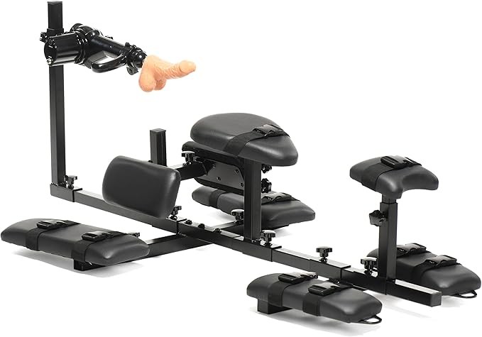 MASTER SERIES Subversion Deluxe Stockade with Sex Machine for Men, Women, & Couples. Durable Steel Frame, Padded Comfort, Multi-Speed Sex Machine. BDSM Furniture. 7 Piece Set, Black.