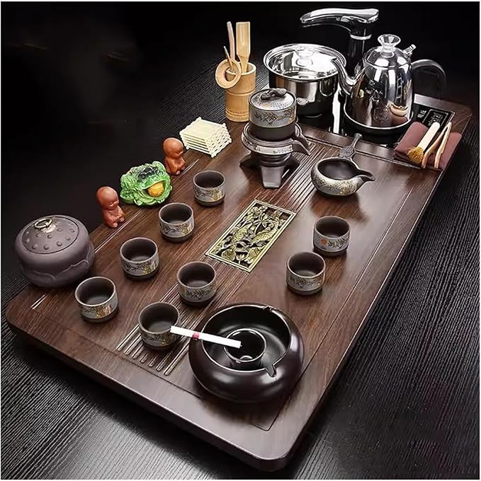 MEHWSUR Kung Fu Tea Set,Home Automatic Teapot,Gongfu Tea Set,Tea Ceremony,Tea Cup,Electric Stove,Tea Table,Solid Wood Tea Tray,Chinese Ceramic Tea Set (Color : Style-2)