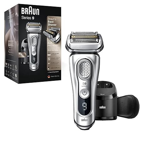 Braun Electric Razor for Men, Waterproof Foil Shaver, Series 9 9390cc, Wet & Dry Shave, With Pop-Up Beard Trimmer for Grooming, Cleaning & Charging SmartCare Center and Leather Travel Case, Silver