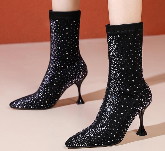 Womens Fashion Pointy Toe Diamante Stretchy Ankle Boots High Heels Party Shoes