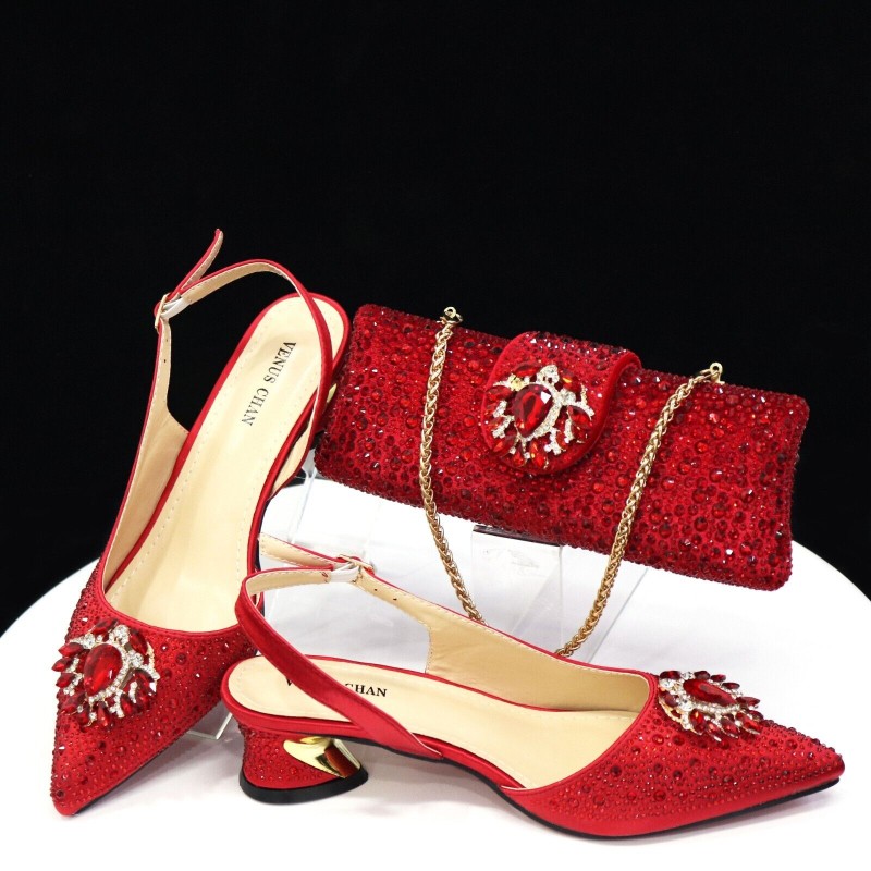 Design Lady Rhinestones Matching New Italian Crystal Luxury Shoes&Bag Mid 4.3 CM