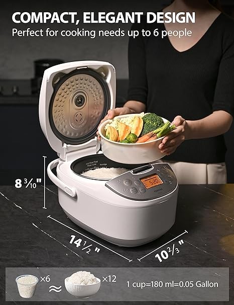 Toshiba Rice Cooker 6 Cup Uncooked – Japanese Rice Cooker with Fuzzy Logic Technology, 7 Cooking Functions, Digital Display, 2 Delay Timers and Auto Keep Warm, Non-Stick Inner Pot, White