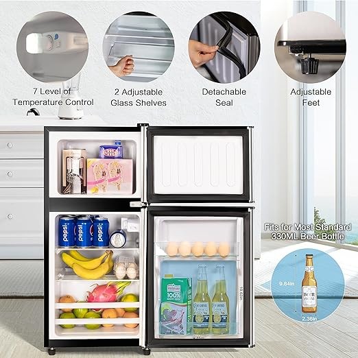 Anukis Compact Refrigerator 3.5 Cu Ft 2 Door Mini Fridge with Freezer for Apartment, Dorm, Office, Family, Basement, Garage - Silver
